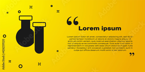 Black Test tube and flask chemical laboratory test icon isolated on yellow background. Laboratory glassware sign. Vector