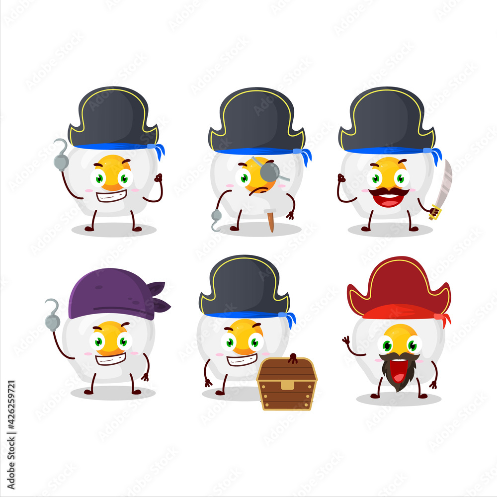 Cartoon character of fried egg with various pirates emoticons Cartoon character of fried egg with various pirates emoticons