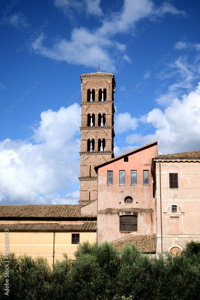 the tower of the church of Santa Francesca and St. Maria Nova monastery next to the roman forum - Rome, Italy	