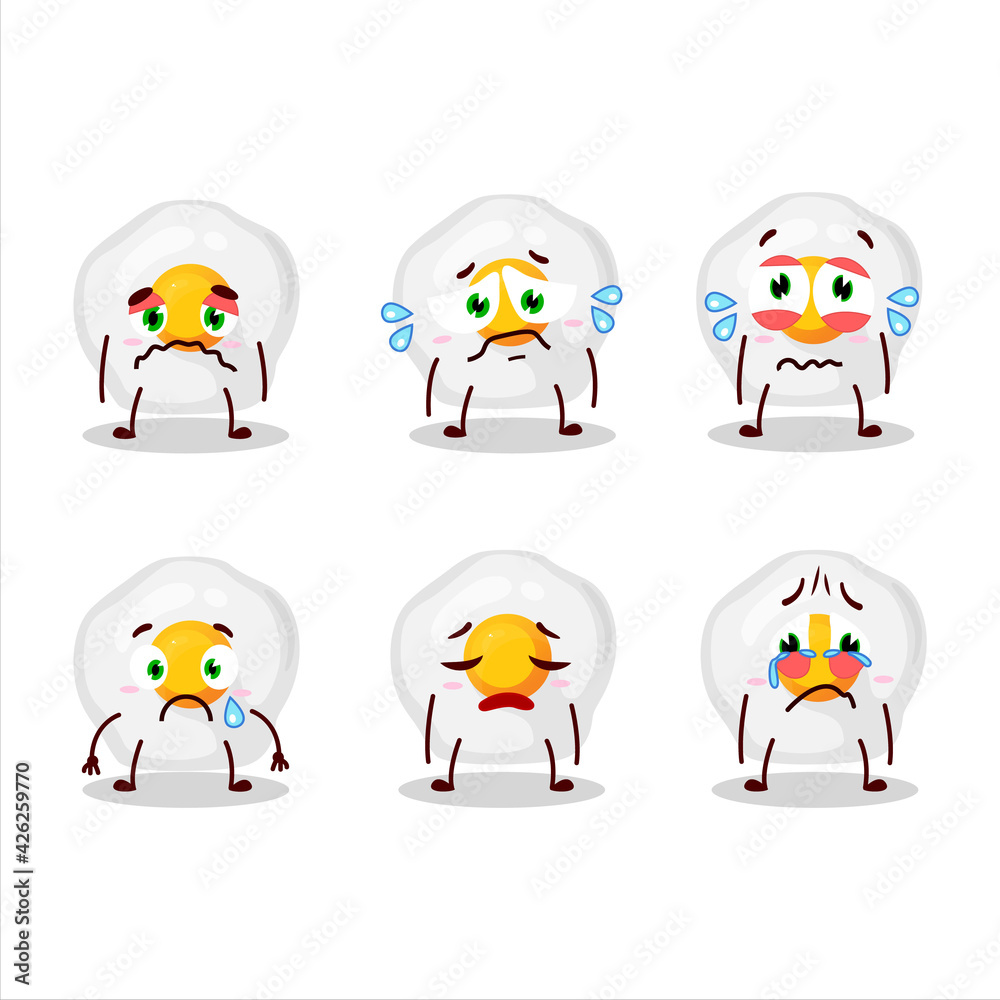 Fried egg cartoon character with sad expression Fried egg cartoon character with sad expression