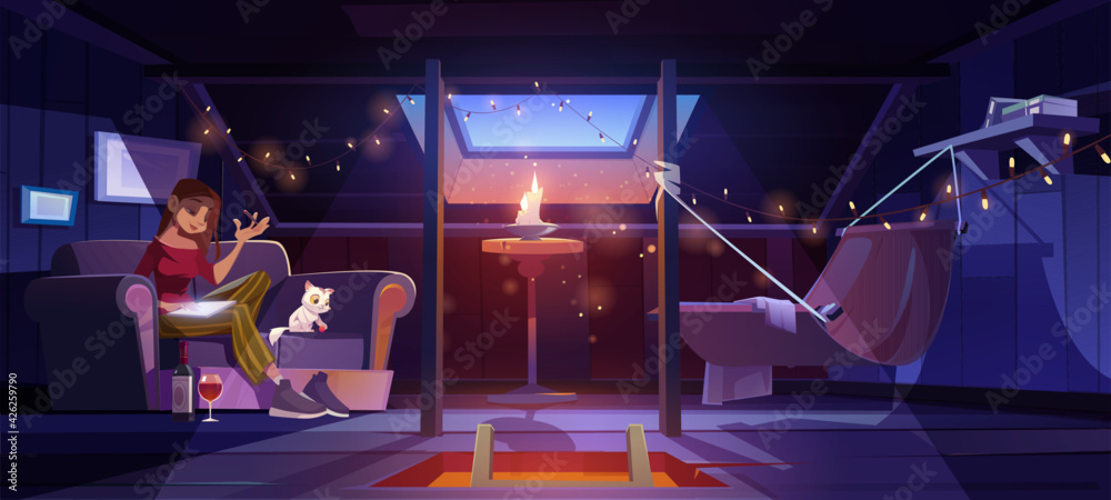 Young woman at home attic writing with wine bottle on floor at night time. Thoughtful girl compose verses or put memoirs in notebook in dark mansard room with cute cat, Cartoon vector illustration. - obrazy, fototapety, plakaty 