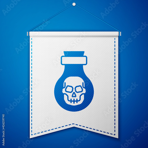 Blue Poison in bottle icon isolated on blue background. Bottle of poison or poisonous chemical toxin. White pennant template. Vector