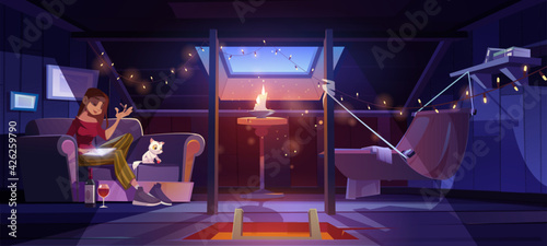 Young woman at home attic writing with wine bottle on floor at night time. Thoughtful girl compose verses or put memoirs in notebook in dark mansard room with cute cat, Cartoon vector illustration.