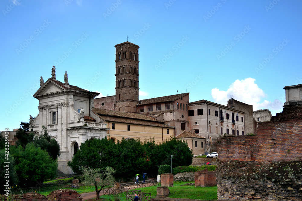 the church of Santa Francesca (St. Maria Nova monastery) and the tower next to the roman forum - Rome, Italy