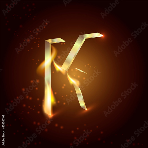 Letter of the Russian alphabet К. Gold symbol on fire on a dark background.