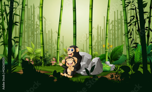 Cartoon a chimpanzee with her cub in bamboo forest