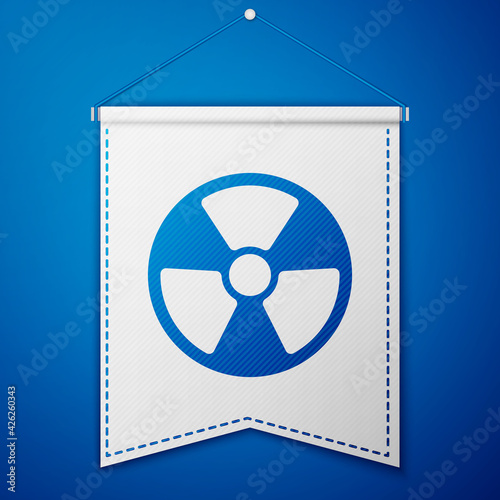 Blue Radioactive icon isolated on blue background. Radioactive toxic symbol. Radiation Hazard sign. White pennant template. Vector