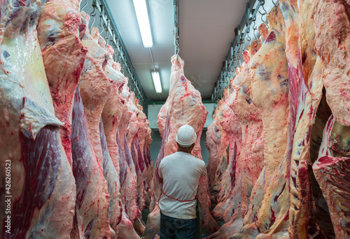 Foto Slaughterhouse workers in the refrigerator