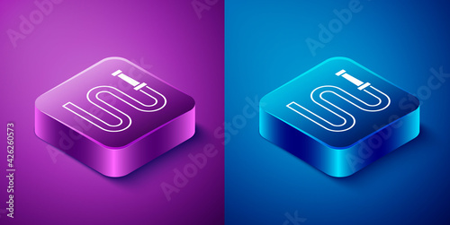 Isometric Fire hose reel icon isolated on blue and purple background. Square button. Vector