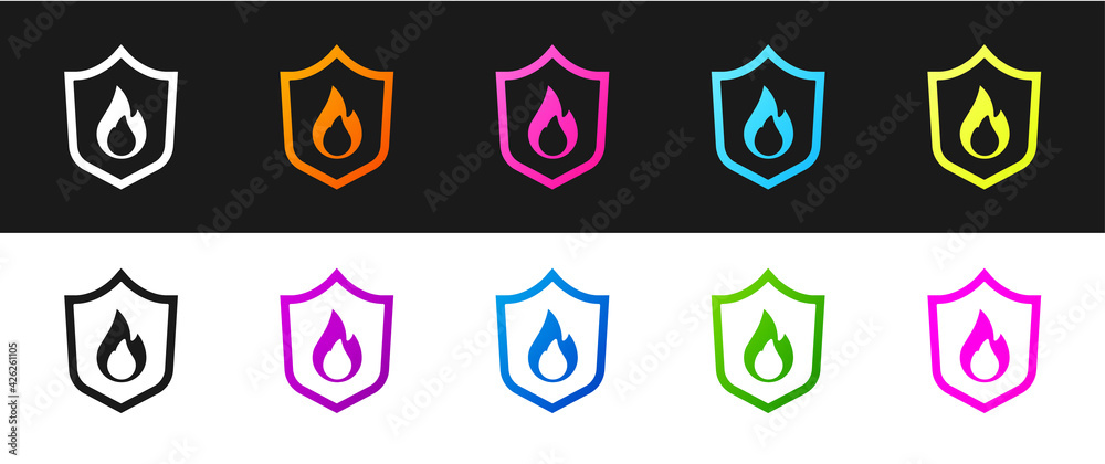 Set Fire protection shield icon isolated on black and white background. Insurance concept. Security, safety, protection, protect concept. Vector Set Fire protection shield icon isolated on black and white background. Insurance concept. Security, safety, protection, protect concept. Vector
