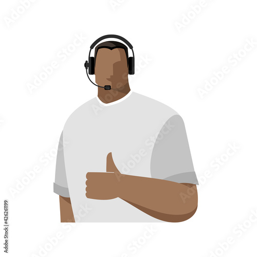 The operator is a young white male online, wearing headphones with a microphone, a headset. Call center employee or support service, blogger, streamer, or freelancer. Color avatar, vector
