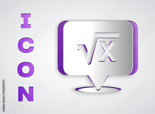 Paper cut Square root of x glyph icon isolated on grey background. Mathematical expression. Paper art style. Vector