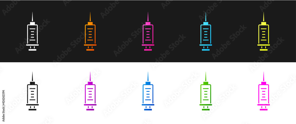 Set Syringe icon isolated on black and white background. Syringe for vaccine, vaccination, injection, flu shot. Medical equipment. Vector Set Syringe icon isolated on black and white background. Syringe for vaccine, vaccination, injection, flu shot. Medical equipment. Vector