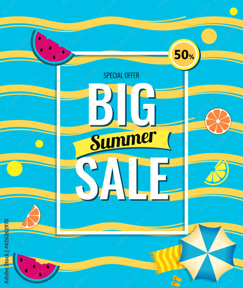 Bright Sale vertical poster, template design with summer fruit and abstract sea.
