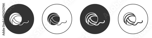 Black Yarn ball icon isolated on white background. Label for hand made, knitting or tailor shop. Circle button. Vector