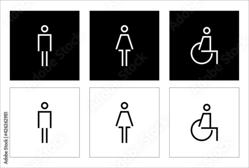 male and female toilet symbols. disabled icon.
gender icon. restroom pictogram. public signage.  photo