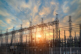 High voltage electric power station,substation with transformers and sky background.high voltage post,High voltage tower sky sunset