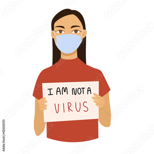 Stop Asian Hate. Young asian woman hold Antiracism banner. Asian is not a Virus.