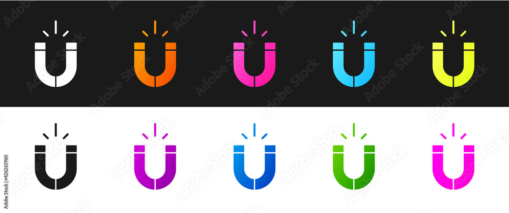 Set Magnet icon isolated on black and white background. Horseshoe magnet, magnetism, magnetize, attraction. Vector Set Magnet icon isolated on black and white background. Horseshoe magnet, magnetism, magnetize, attraction. Vector