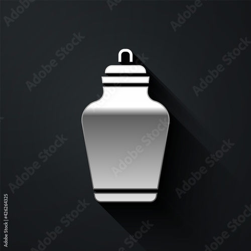 Silver Funeral urn icon isolated on black background. Cremation and burial containers, columbarium vases, jars and pots with ashes. Long shadow style. Vector