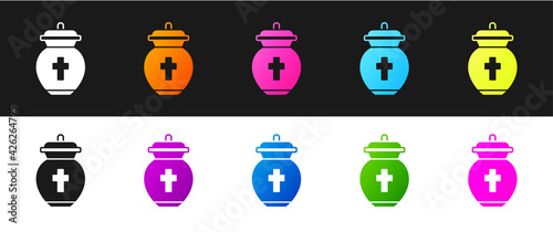 Set Funeral urn icon isolated on black and white background. Cremation and burial containers, columbarium vases, jars and pots with ashes. Vector