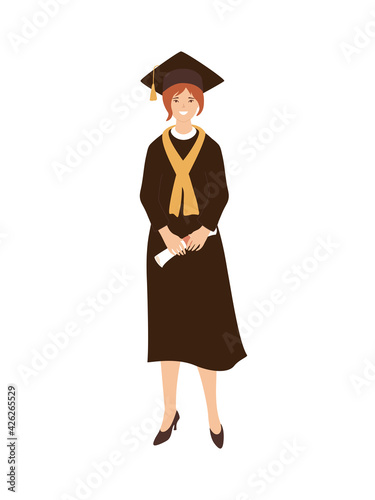 Young asian woman, student graduated from school, university, college, wearing academic mantle, skarf, mortar board and holding certificate. Female character isolated on white background.