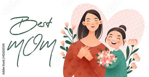 Happy Mother's Day. The girl gives his mother a bouquet of flowers. Postcard for the holiday Mother's Day. 