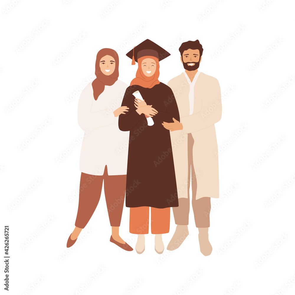 Graduate student muslim girl in hijab with her parents. Family portrait, proud saudi man and woman embrace their daughter, graduated from college, university and holding diploma. Vector illustration Graduate student muslim girl in hijab with her parents. Family portrait, proud saudi man and woman embrace their daughter, graduated from college, university and holding diploma. Vector illustration