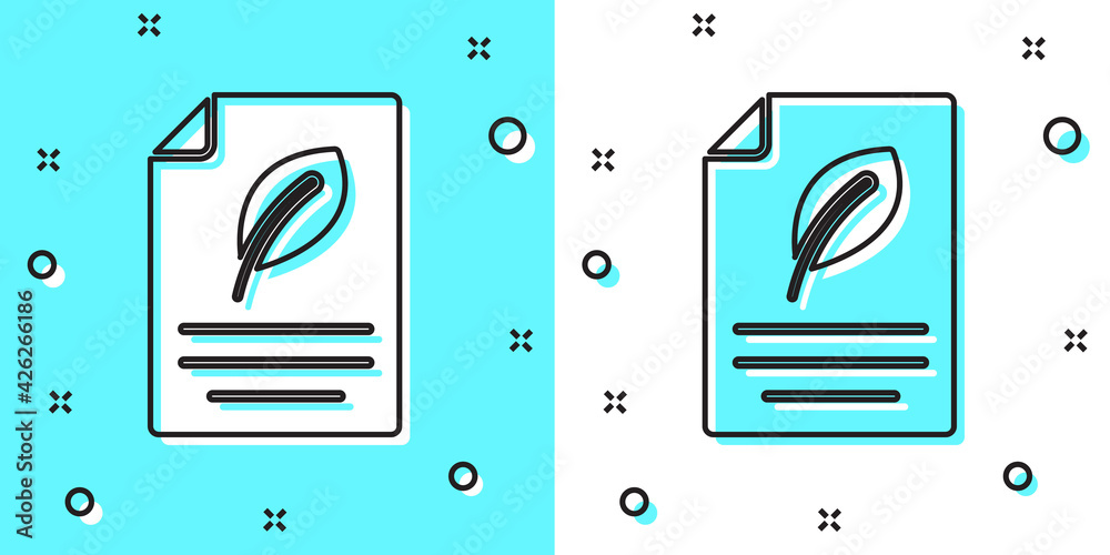 Black line Eco paper with leaf icon isolated on green and white background. Suitable for business, education and nature. Random dynamic shapes. Vector Black line Eco paper with leaf icon isolated on green and white background. Suitable for business, education and nature. Random dynamic shapes. Vector