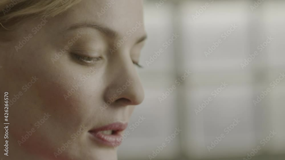 Woman Breathing and Preparing for Event Closeup. Serious Elegance and Charming Caucasian Girl with Attractive Eyes. Adult Sportswoman Lady Person Enjoying Tracking Shot Slow Motion Woman Breathing and Preparing for Event Closeup. Serious Elegance and Charming Caucasian Girl with Attractive Eyes. Adult Sportswoman Lady Person Enjoying Tracking Shot Slow Motion