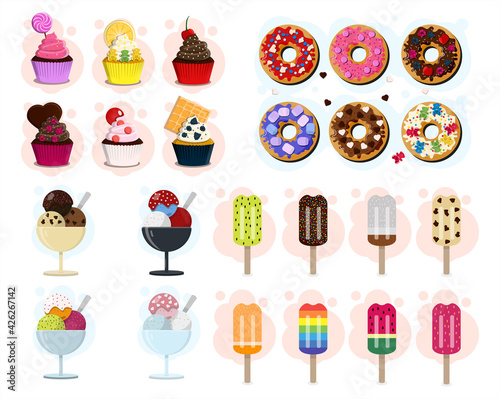 A big vector set of sweet pastries. Illustration of different types of ice cream, donuts and cupcakes. Flat design. Cartoon food illustration. Set for a pastry shop, children, for a holiday, for a