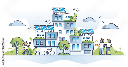 Autonomous building as house with solar panel electricity outline concept