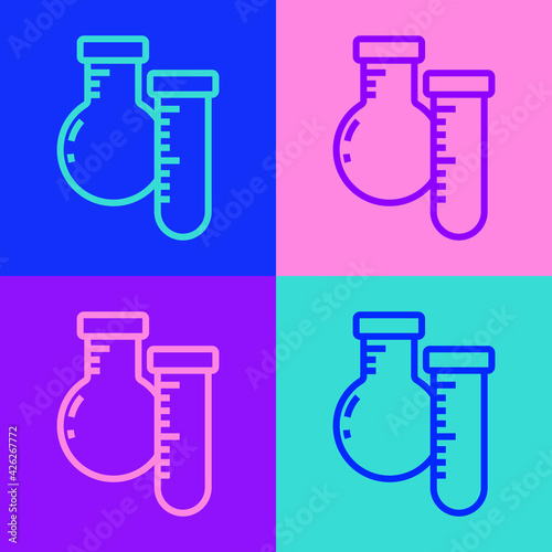 Pop art line Test tube and flask chemical laboratory test icon isolated on color background. Laboratory glassware sign. Vector