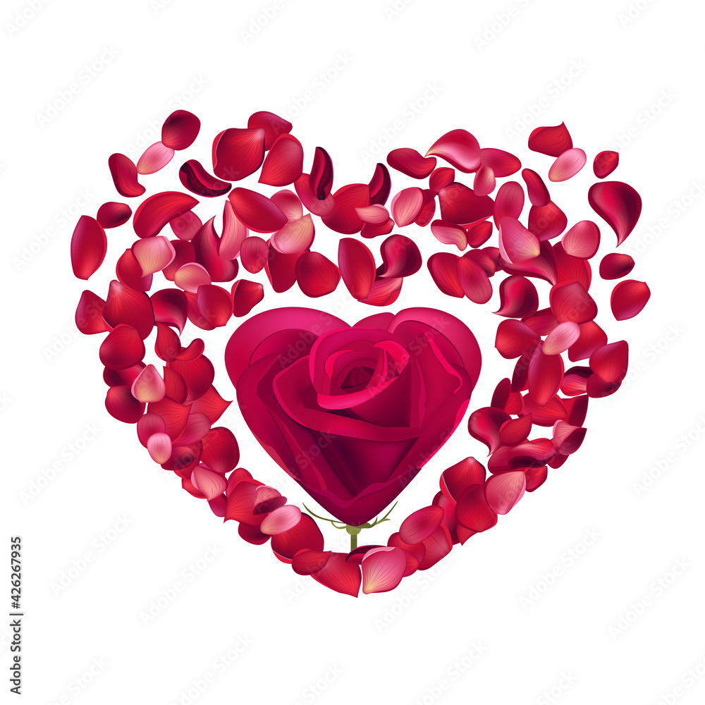 Red heart made of rose petals. Circle with romantic flower. Illustration for romantic and valentine templates Red heart made of rose petals. Circle with romantic flower. Illustration for romantic and valentine templates