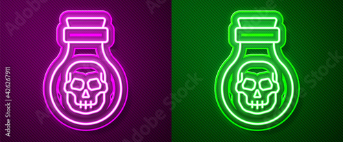 Glowing neon line Poison in bottle icon isolated on purple and green background. Bottle of poison or poisonous chemical toxin. Vector