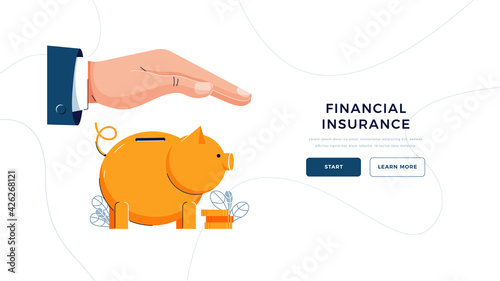 Financial insurance web template. Insurance agent's holding hand over the piggy bank to protect savings. Money protection, financial saving insurance concept for landing page. Flat vector illustration