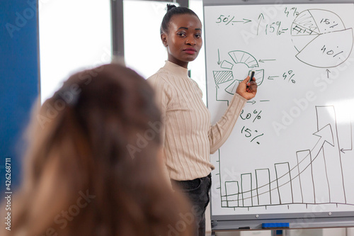 African american manager giving tasks for businesspeople in office using white board. Serious speaker boss executive, business trainer explaining development strategy to motivated mixed race employees