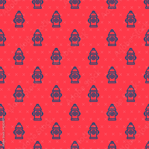 Blue line Fire hydrant icon isolated seamless pattern on red background. Vector