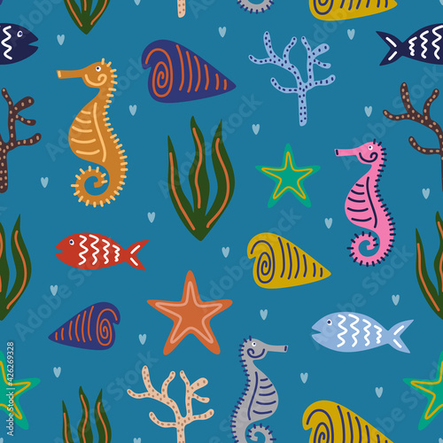 Sea animals seamless pattern. Undersea world such as starfish, sea shells, sea horses, seaweed, coral reefs, colorful minnows and other inhabitants. Vector illustration isolated on blue background