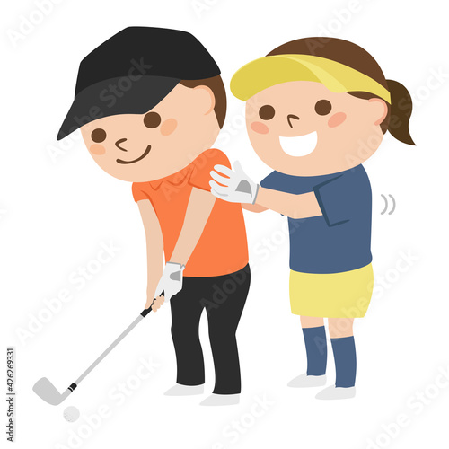 ゴルフフのイラスト。男性にスイングを教えてる女性ゴルファー。