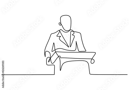 One continuous single line drawn character professional businessman of business coach speaking. A manager giving a speech business strategy. Speech concept with a man on podium. Vector illustration