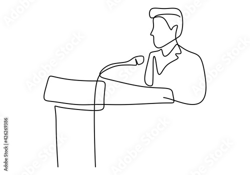 One continuous single line drawn character professional businessman of business coach speaking. A manager giving a speech business strategy. Speech concept with a man on podium. Vector illustration