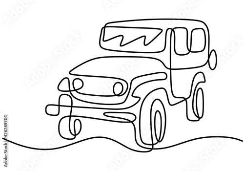 One continuous single hand drawn line of jeep wrangler car. Adventure off road rally vehicle transportation concept. A classical jeep isolated on white background. Vector illustration