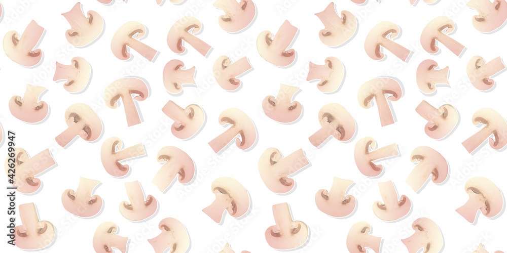 Seamless pattern of sliced mushrooms on a white background