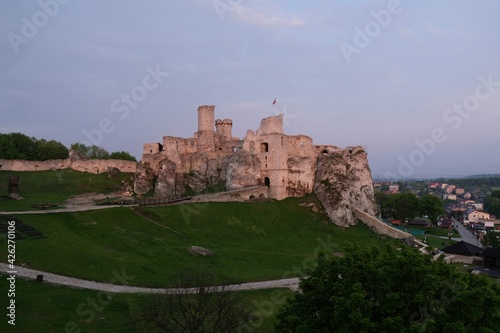 Ruins of medieval castle at morning light. It is Ogrodzieniec castle on Eagles Nests trail in the Jura region, Podzamcze, Krakowsko-Czestochowska Upland, Poland