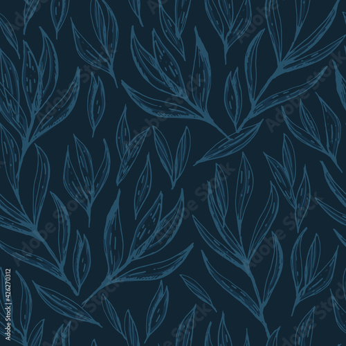 Vector hand drawn pomegranate leafs seamless pattern print background.