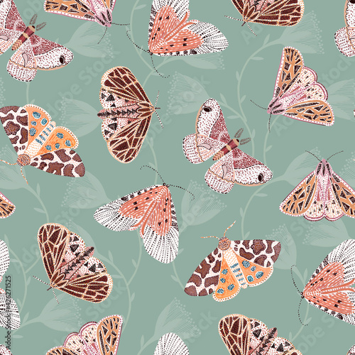 Hand painted Butterflies and moths seamless pattern on green background, fauna and flora backdrop. Perfect for greeting cards, wedding invitations, parties, textiles, gift wrap