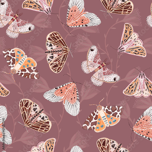 Butterflies and moths seamless pattern on brown background, fauna and flora backdrop. Perfect for greeting cards, wedding invitations, parties, textiles, gift wrap