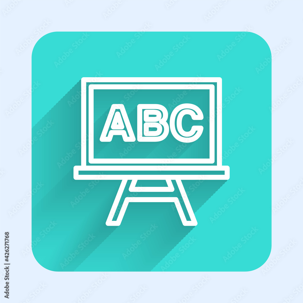 White line Chalkboard icon isolated with long shadow. School Blackboard sign. Green square button. Vector White line Chalkboard icon isolated with long shadow. School Blackboard sign. Green square button. Vector