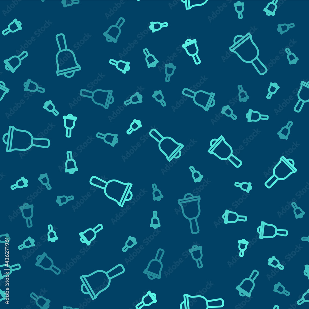 Green line Ringing bell icon isolated seamless pattern on blue background. Alarm symbol, service bell, handbell sign, notification symbol. Vector Green line Ringing bell icon isolated seamless pattern on blue background. Alarm symbol, service bell, handbell sign, notification symbol. Vector